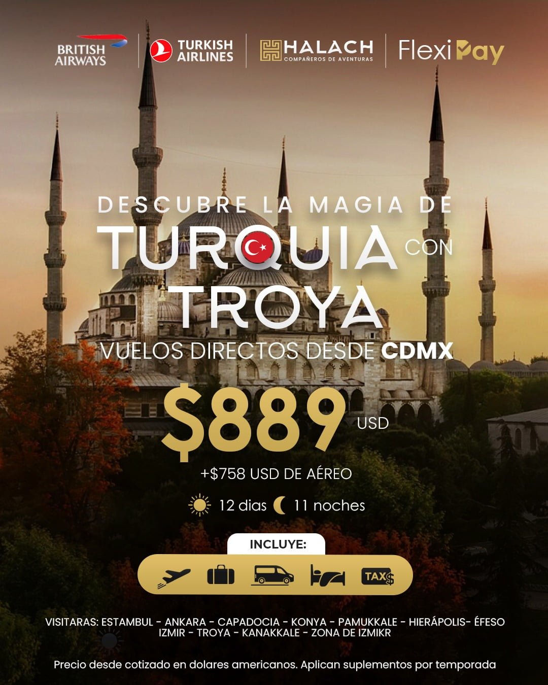 Banner promocional de un viaje a Turquía con Halach, incluyendo vuelos directos desde México y visitas a ciudades históricas como Estambul y Capadocia.