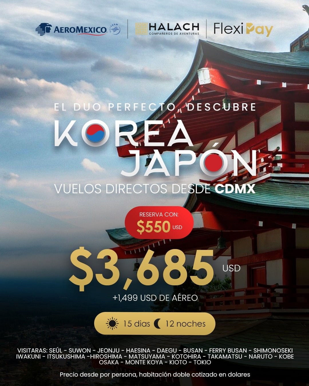 Banner promocional de un viaje a Corea y Japón con Halach, incluyendo vuelos directos desde México y visitas a ciudades icónicas como Seúl y Kyoto.